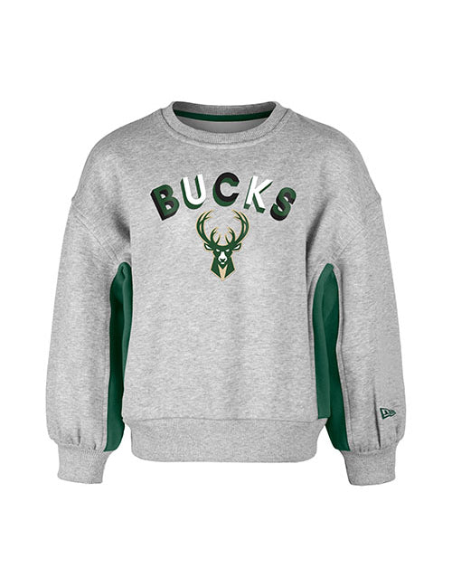 Youth Girls New Era Oversized Sleeve Milwaukee Bucks Crewneck Sweatshirt - Front View