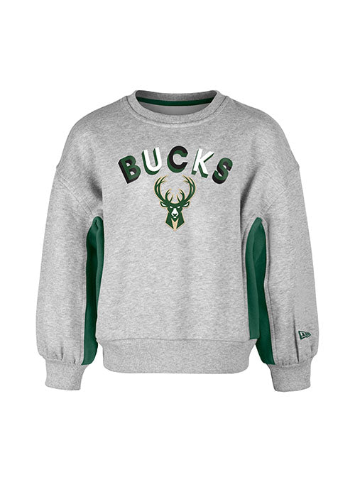 Youth Girls New Era Oversized Sleeve Milwaukee Bucks Crewneck Sweatshirt - Front View