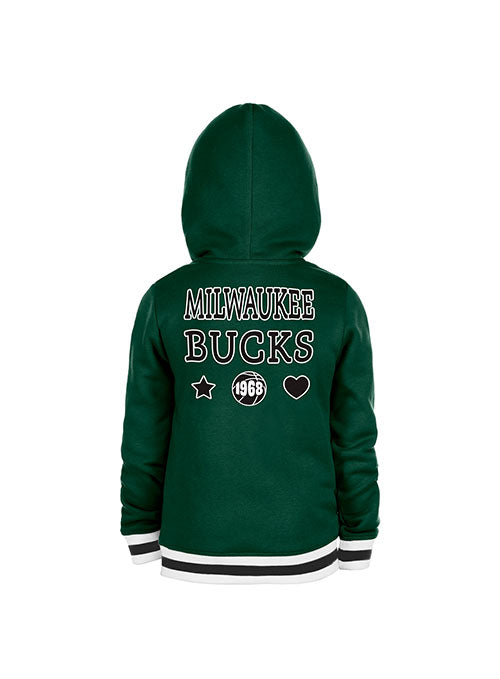 Youth Girls New Era Back Team Name Milwaukee Bucks Hooded Sweatshirt in Green - Back View