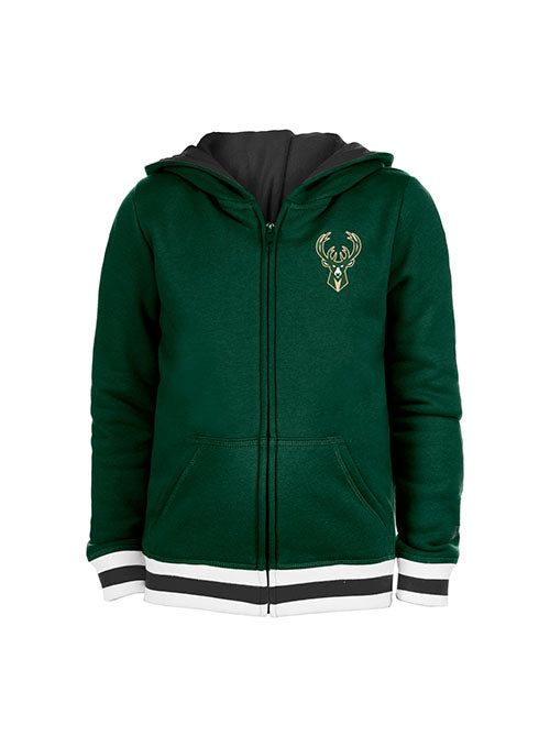 Youth Girls New Era Back Team Name Milwaukee Bucks Hooded Sweatshirt in Green - Front View