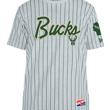 New Era Throwback Pinstripes Milwaukee Bucks T-Shirt in Grey - Front View