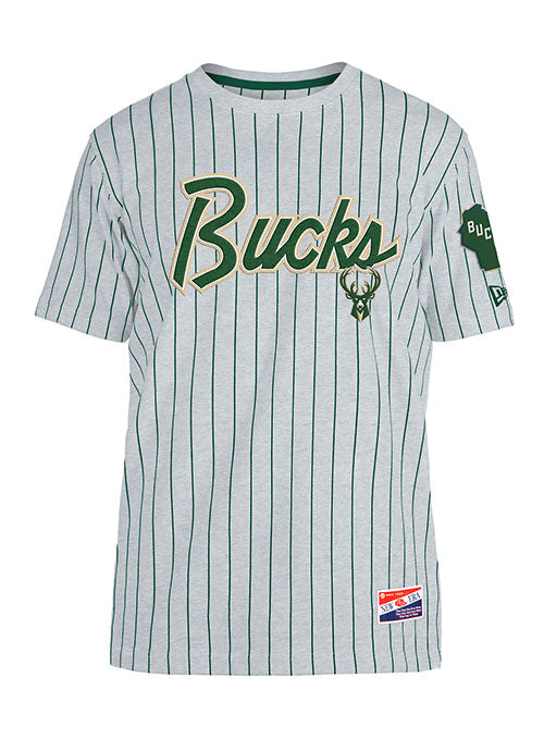 New Era Throwback Pinstripes Milwaukee Bucks T-Shirt in Grey - Front View