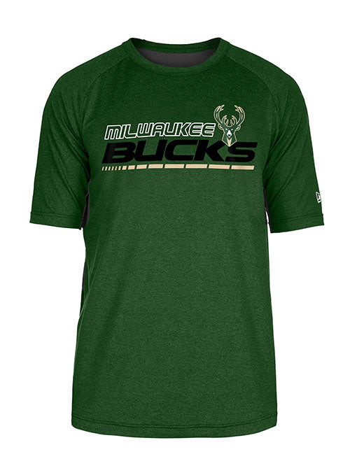 New Era Raglan Spine Active Milwaukee Bucks T-Shirt in Green - Front View