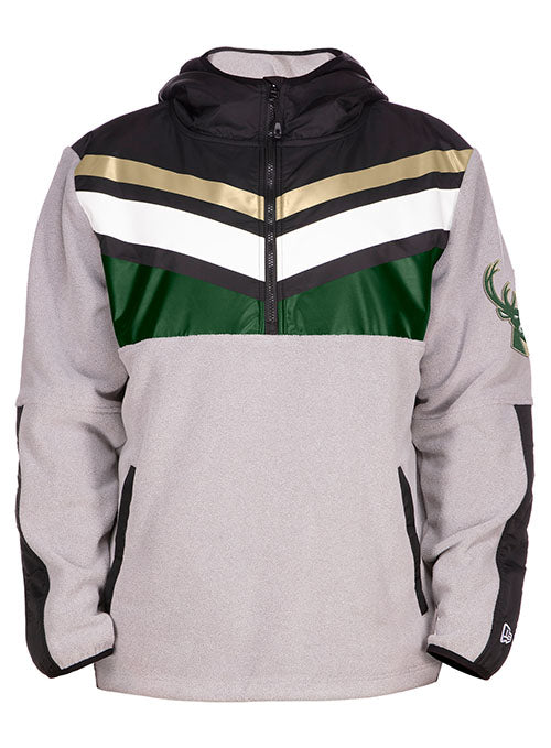 New Era Lift Pass Milwaukee Bucks 1/2 Zip Hooded Sweatshirt in Grey, Green, Gold and Black - Front View