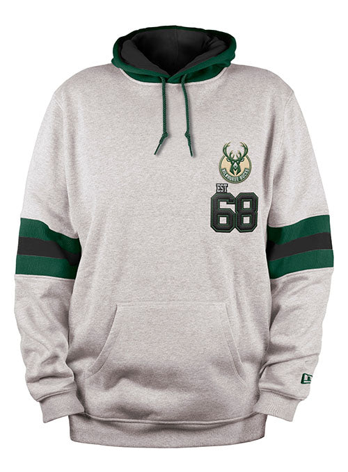 New Era Chenille Back Icon Milwaukee Bucks Hooded Sweatshirt in Grey - Front View