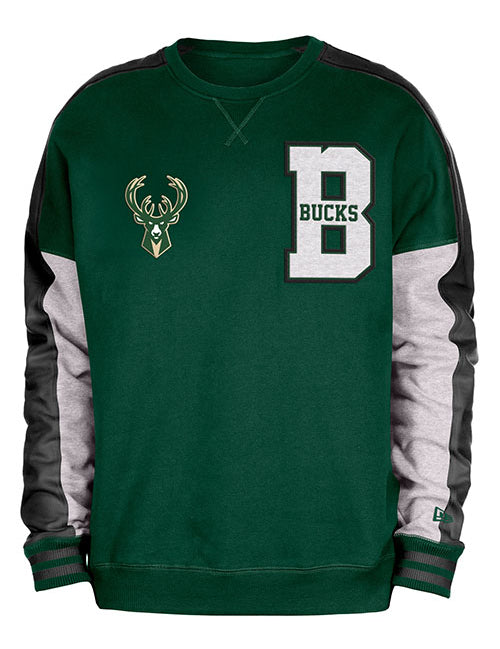 New Era Double Chest Hit Milwaukee Bucks Crewneck Sweatshirt in Green - Front View