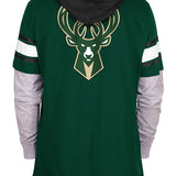 New Era Hood Twofer Milwaukee Bucks Hooded Long Sleeve T-Shirt in Green - Back View