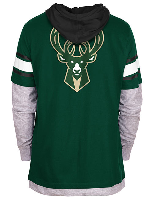 New Era Hood Twofer Milwaukee Bucks Hooded Long Sleeve T-Shirt in Green - Back View