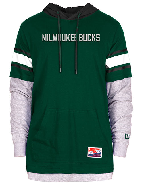 New Era Hood Twofer Milwaukee Bucks Hooded Long Sleeve T-Shirt in Green - Front View