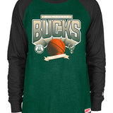 New Era Raglan Throwback Milwaukee Bucks Long Sleeve T-Shirt in Green and Black - Front View