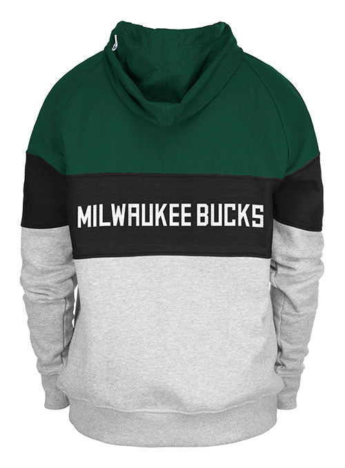 New Era Logo Bar Milwaukee Bucks 1/2 Zip Hooded Sweatshirt in Green, Black, and Grey - Back View
