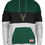 New Era Logo Bar Milwaukee Bucks 1/2 Zip Hooded Sweatshirt in Green, Black, and Grey - Front View