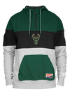 New Era Logo Bar Milwaukee Bucks 1/2 Zip Hooded Sweatshirt in Green, Black, and Grey - Front View