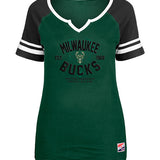 Women's New Era Notch Raglan Milwaukee Bucks V-Neck T-Shirt in Green and Black - Front View