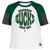 Women's New Era Wrapped Milwaukee Bucks T-shirt in White, Green, and Grey - Front View