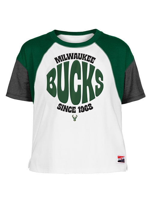 Women's New Era Wrapped Milwaukee Bucks T-shirt in White, Green, and Grey - Front View