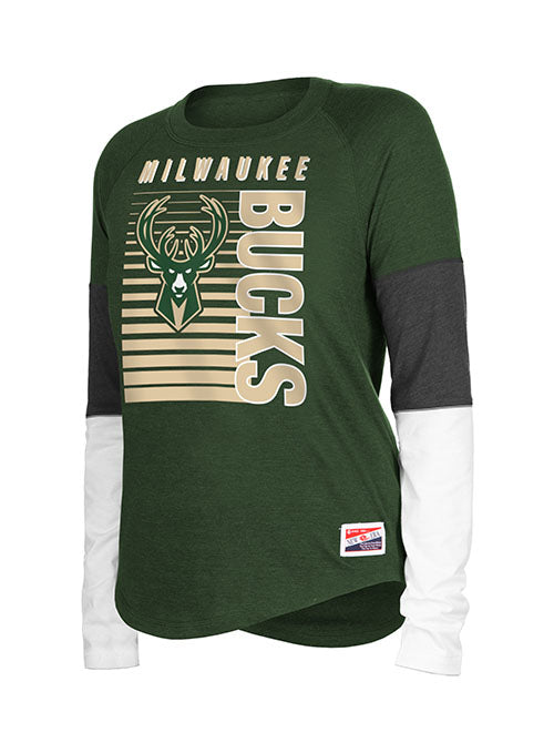 Women's Milwaukee Bucks New Era White/Hunter Green Baby Jersey Stripe  Spirit Long Sleeve T-Shirt