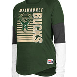 Women's New Era Tri Sleeve Block Milwaukee Bucks Long Sleeve T-Shirt in Green, Grey, and White - Angled Right Side View