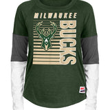 Women's New Era Tri Sleeve Block Milwaukee Bucks Long Sleeve T-Shirt in Green, Grey, and White - Front View