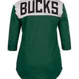 Women's New Era Throwback Milwaukee Bucks 3/4 Sleeve T-Shirt in Green and Grey - Back View