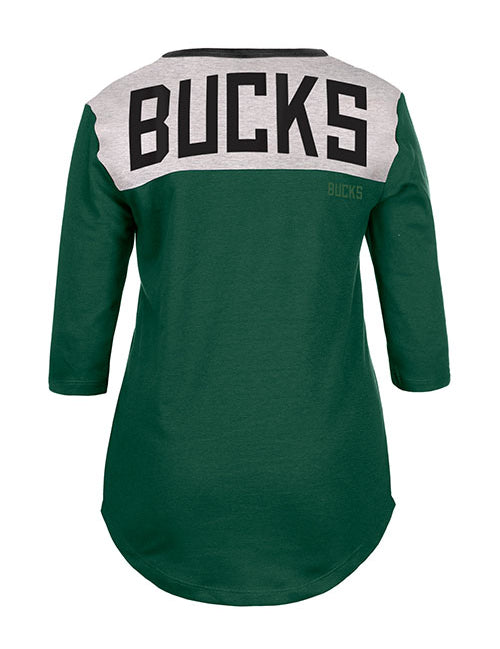 Women's New Era Throwback Milwaukee Bucks 3/4 Sleeve T-Shirt in Green and Grey - Back View