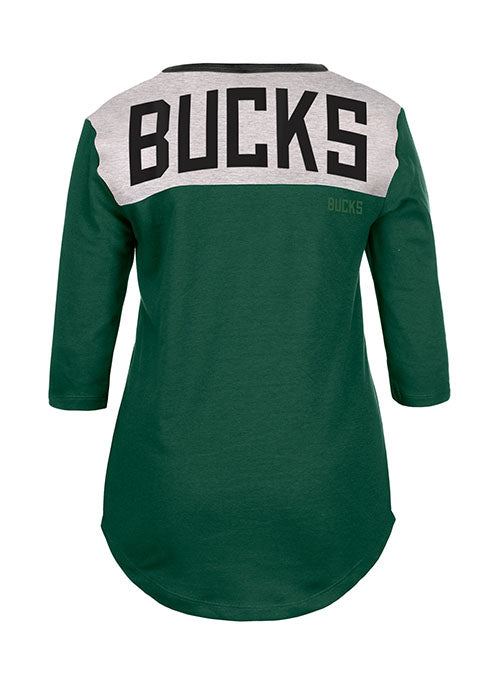 Women's New Era Throwback Milwaukee Bucks 3/4 Sleeve T-Shirt in Green and Grey - Back View