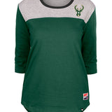 Women's New Era Throwback Milwaukee Bucks 3/4 Sleeve T-Shirt in Green and Grey - Front View