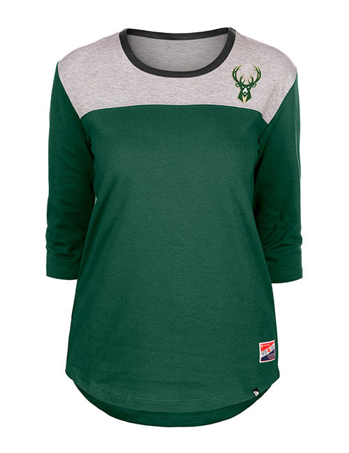 Women's New Era Throwback Milwaukee Bucks 3/4 Sleeve T-Shirt in Green and Grey - Front View