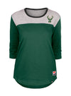 Women's New Era Throwback Milwaukee Bucks 3/4 Sleeve T-Shirt in Green and Grey - Front View