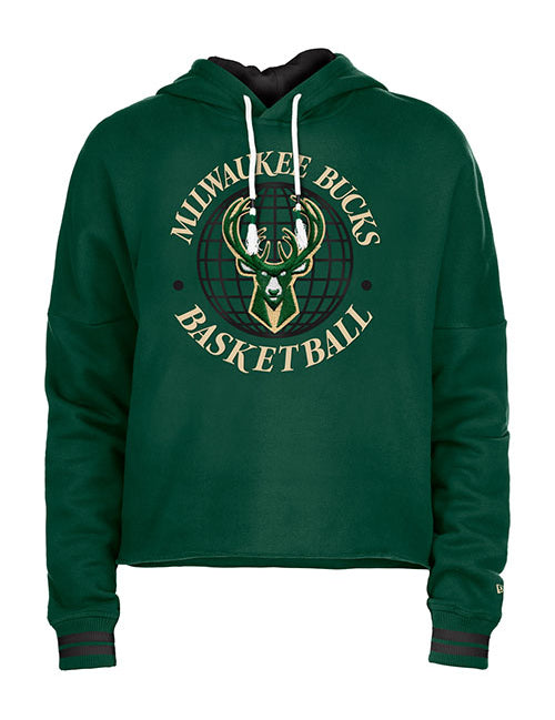 Women's New Era BBall Milwaukee Bucks Hooded Cropped Sweatshirt in Green - Front View