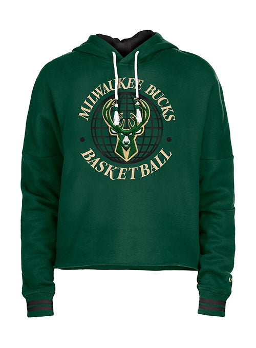 Women's New Era BBall Milwaukee Bucks Hooded Cropped Sweatshirt in Green - Front View