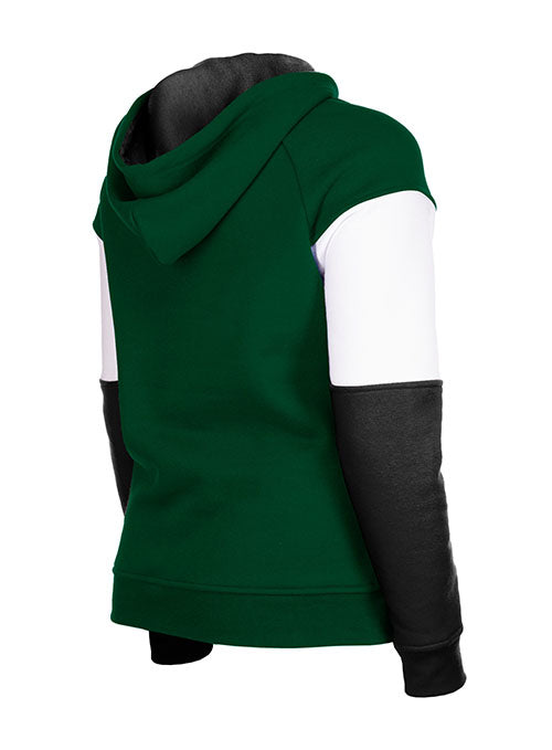 Women's New Era Raglan Color Block Hooded Sweatshirt in Green, Grey, and White - Back View