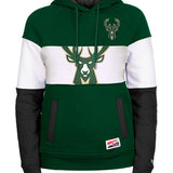 Women's New Era Raglan Color Block Hooded Sweatshirt in Green, Grey, and White - Front View