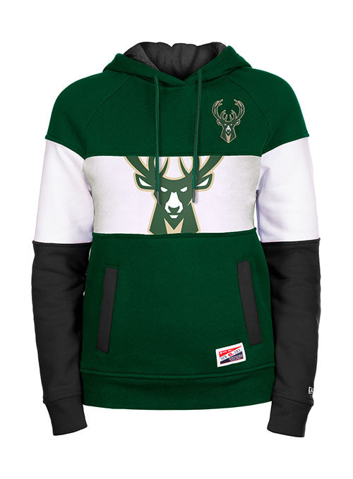 Women's New Era Raglan Color Block Hooded Sweatshirt in Green, Grey, and White - Front View