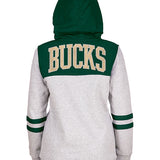 Women's New Era Fleece and Crinkle Milwaukee Bucks Hooded Sweatshirt in Green and Grey - Back View