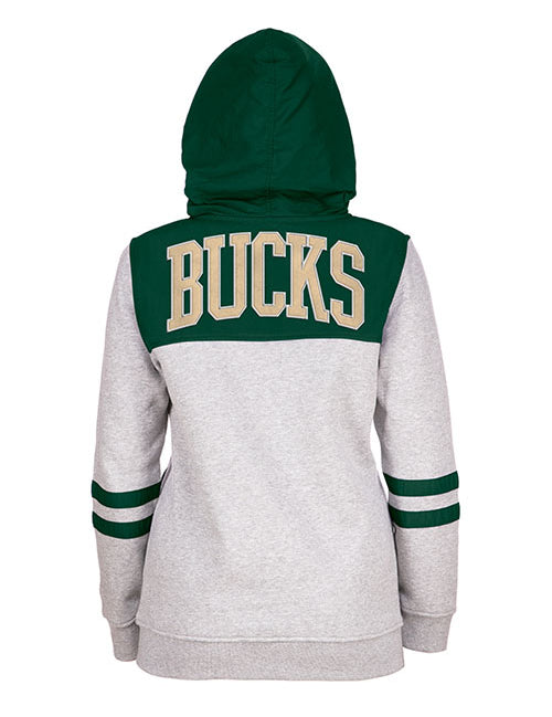 Women's New Era Fleece and Crinkle Milwaukee Bucks Hooded Sweatshirt in Green and Grey - Back View