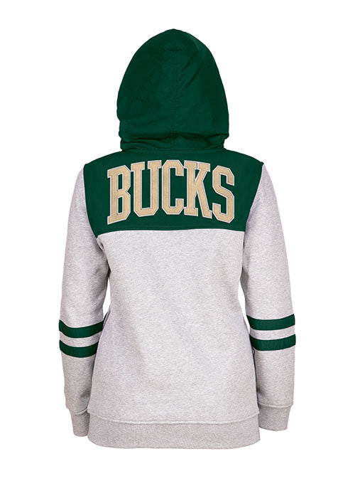 Women's New Era Fleece and Crinkle Milwaukee Bucks Hooded Sweatshirt in Green and Grey - Back View