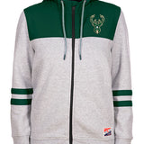 Women's New Era Fleece and Crinkle Milwaukee Bucks Hooded Sweatshirt in Green and Grey - Front View