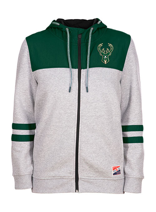 Women's New Era Fleece and Crinkle Milwaukee Bucks Hooded Sweatshirt in Green and Grey - Front View