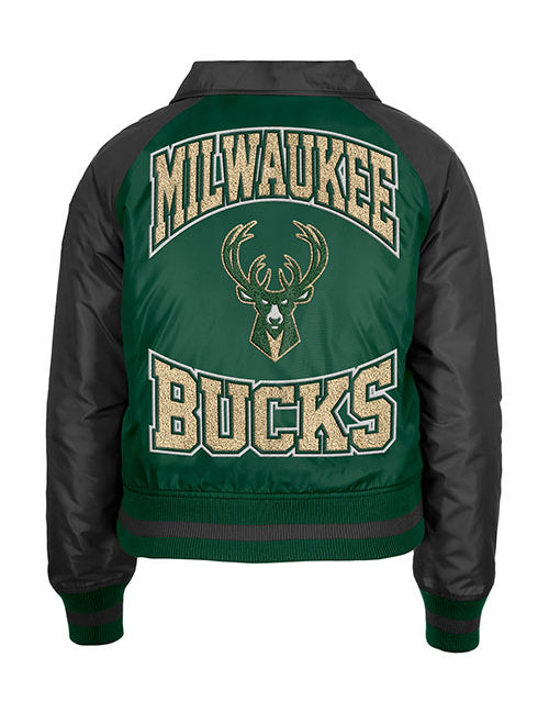 Women's New Era Throwback Sherpa Milwaukee Bucks Jacket in Green and Black - Back View