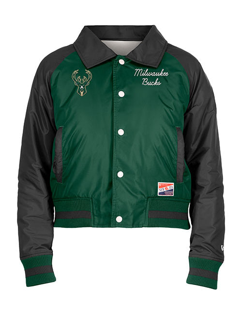 Women's New Era Throwback Sherpa Milwaukee Bucks Jacket in Green and Black - Front View