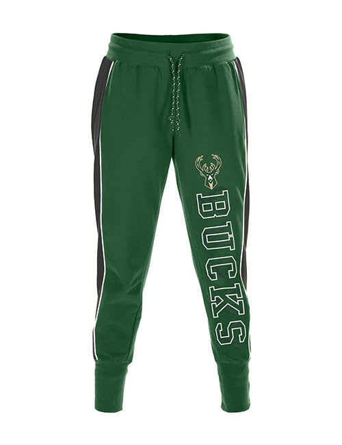 Women's New Era Puff Print Milwaukee Bucks Jogger Pants in Green - Front View