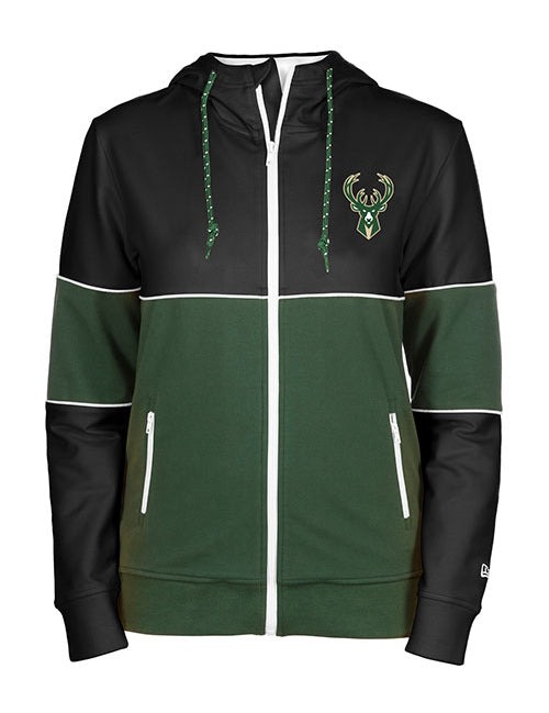 Women's New Era Primary Secondary Milwaukee Bucks Full Zip Hooded Sweatshirt in Green and Black - Front View