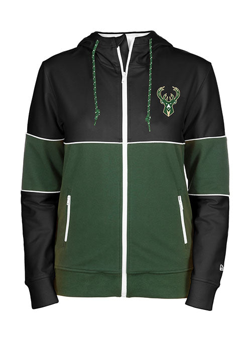 Women's New Era Primary Secondary Milwaukee Bucks Full Zip Hooded Sweatshirt in Green and Black - Front View