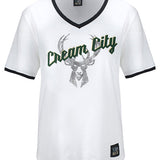 Women's Bucks In Six Cream City Half Milwaukee Bucks V-Neck T-Shirt In White - Front View