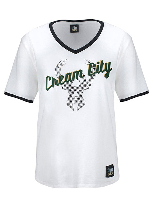 Women's Bucks In Six Cream City Half Milwaukee Bucks V-Neck T-Shirt In White - Front View