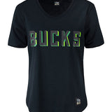 Bucks In Six 3D Wordmark Milwaukee Bucks V-Neck T-Shirt In Blue - Front View