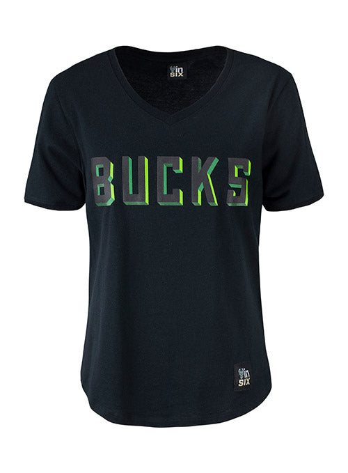 Bucks In Six 3D Wordmark Milwaukee Bucks V-Neck T-Shirt In Blue - Front View