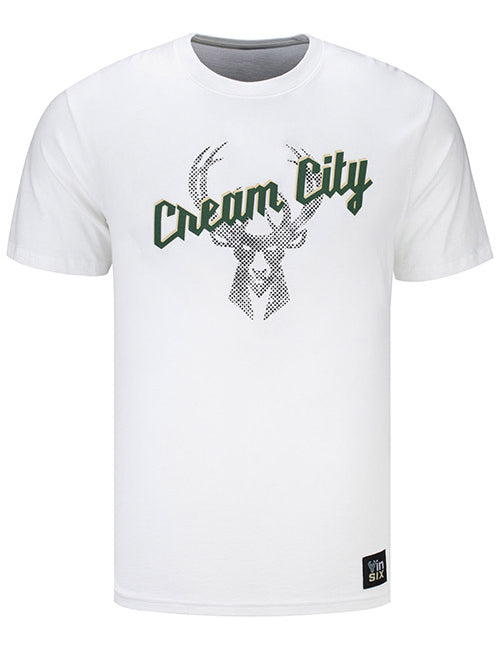 Bucks In Six Cream City Icon Half Milwaukee Bucks T-Shirt In White - Front View