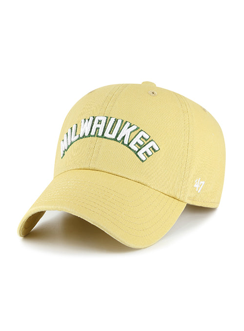 '47 Brand Clean Up Text Yellow Milwaukee Bucks Adjustable Hat- angled left 